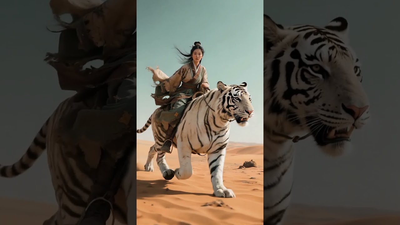 Donna affascinante cavalca una gigantesca tigre bianca: magia e potenza